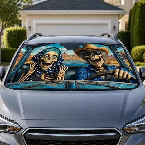 Vintage Skeleton Road Trip Desert Scene For Halloween Drivers And Gothic Travel Lovers Car Sunshade