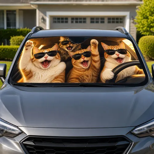 Four Funny Sunglasses Cats Road Trip Accessory for Cat Lovers and Everyday Driving Car Sunshade