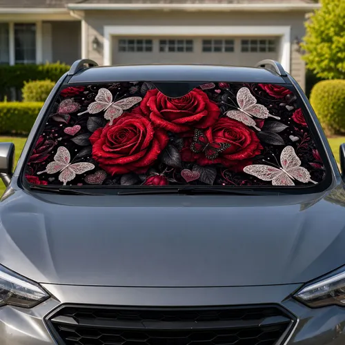 Crimson Red Roses And Ivory Butterflies For Gothic Romantic Vehicle Decor Enthusiasts Car Sunshade