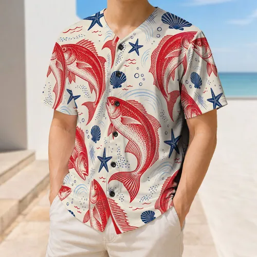 Vintage Red Fish And Navy Sea Stars For Coastal Fishing Trips And Beach Vacation Wear Baseball Jersey
