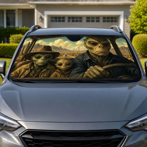 Retro Alien Desert Road Trip Scene for Southwest Travel Lovers and Vintage Sci-Fi Fans Car Sunshade