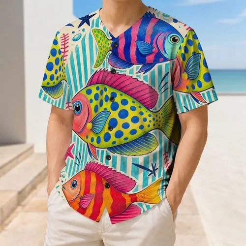 Colorful Tropical Fish Trio for Beach Vacations, Fishing Trips and Coastal Style Baseball Jersey