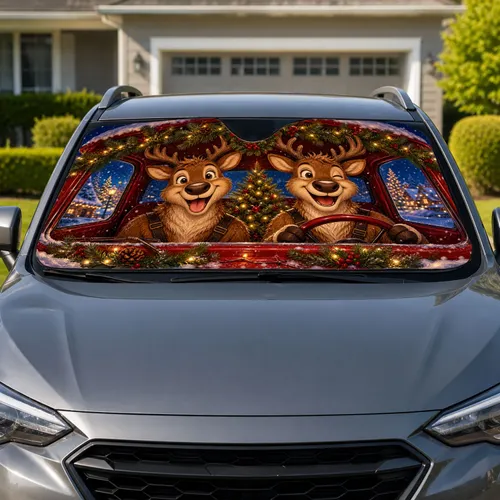 Funny Reindeer In Red Winter Cabin Christmas Decor For Festive Holiday Road Trip Drivers Car Sunshade