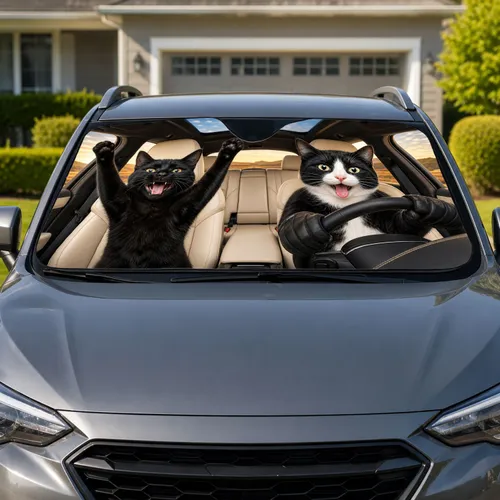 Realistic Black Cats Driving Cabin Scene For Funny Road Trip Gifts And Cat Lovers Car Sunshade