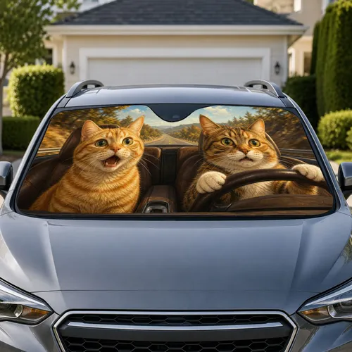 Realistic Tabby Cats Driving On A Road Trip Funny Daily Commute Gift For Cat Lovers Car Sunshade
