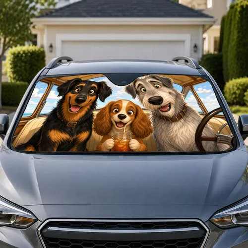 Three Dogs Road Trip Crew With Iced Drink For Family Travel And Pet Lovers Gifts Car Sunshade