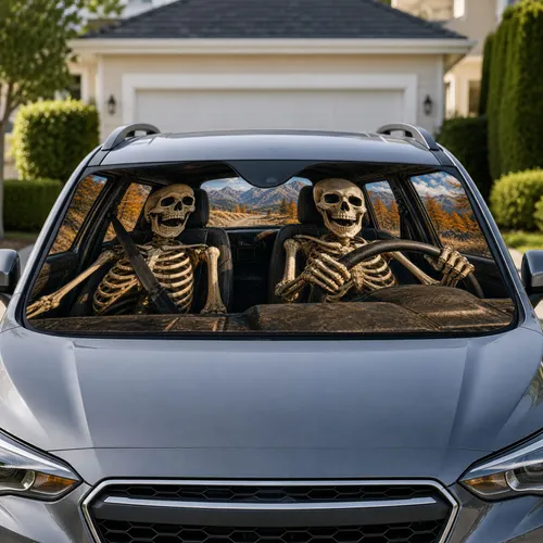 Grinning Skeleton Road Trip Mountain Scene For Halloween Gothic Off-Road Vehicle Lovers Car Sunshade