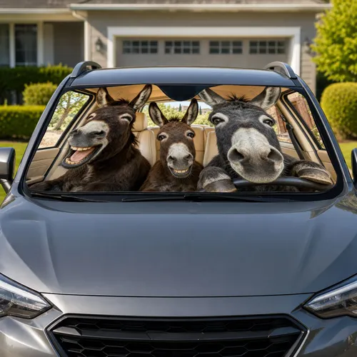 Three Funny Donkeys Driving Road Trip Humor Gift for Animal Lovers and Farm Fans Car Sunshade