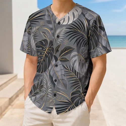 Slate Gray Tropical Leaves With Gold Accents for Resort Travel and Summer Style Men's Baseball Jersey
