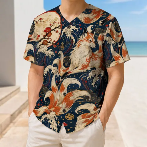 Nine-Tailed Spirit Fox Ukiyo-E Moon Waves For Anime Festivals And Streetwear Fans Baseball Jersey