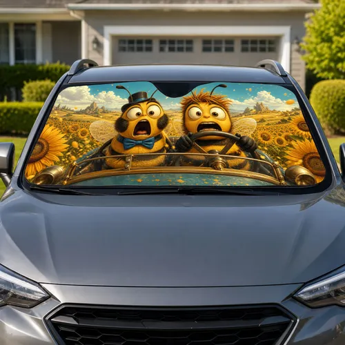 Funny Honeybee Road Trip Sunflower Field Summer Driving Accessory for Bee Lovers Car Sunshade