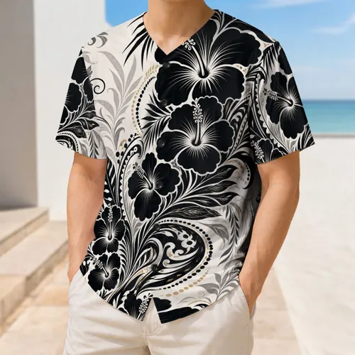 Monochrome Hawaiian Floral Botanical Motif For Beach Vacations And Resort Style Men Baseball Jersey