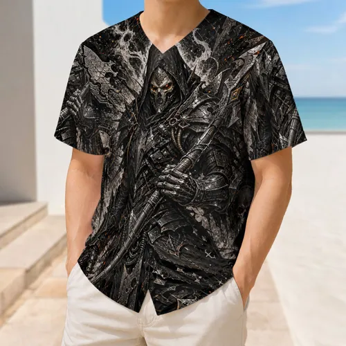 Hooded Skeleton Warrior With Techno Polearm For Gothic Gaming And Festival Style Baseball Jersey