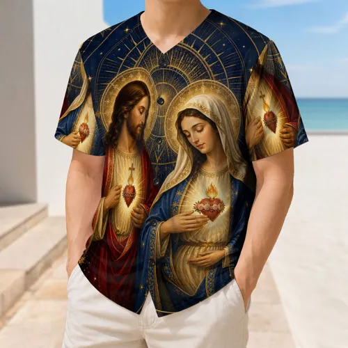 Sacred Heart Mary And Jesus Devotional Faith Wear For Church, Prayer And Catholic Gifts Baseball Jersey