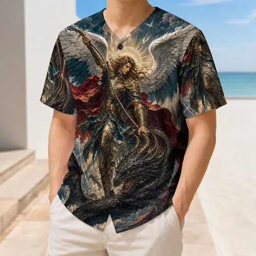 Winged Angel Defeating Dragon Fantasy Scene For Faith-Inspired Streetwear Fans Baseball Jersey