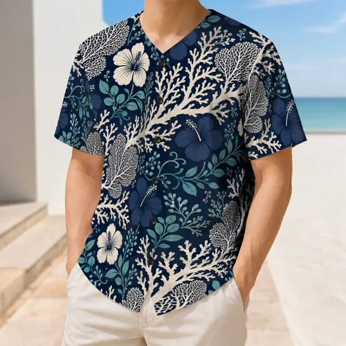 Navy Coral And Hibiscus Tropical Resort Style For Beach Vacation And Coastal Fans Baseball Jersey