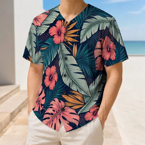 Midnight Navy Tropical Leaves And Hibiscus For Beach Vacations, Cruises And Resort Wear Baseball Jersey
