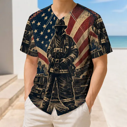 Vintage Firefighter American Flag Tribute For Fourth Of July First Responder Fans Baseball Jersey