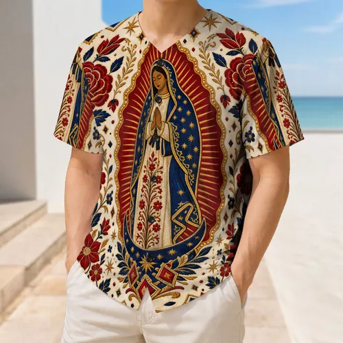 Our Lady of Guadalupe Floral Folk Art for Prayer Gatherings and Faithful Marian Devotees Baseball Jersey
