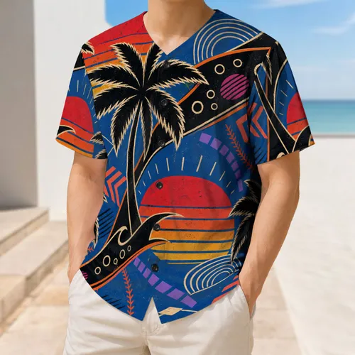Retro Palm Sunset Wave Motif For Summer Beach Vacations And 80s Sportswear Lovers Baseball Jersey