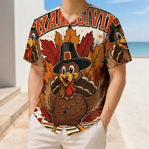 Cartoon Turkey Pilgrim Hat Autumn Leaves for Thanksgiving Games and Family Gatherings Baseball Jersey