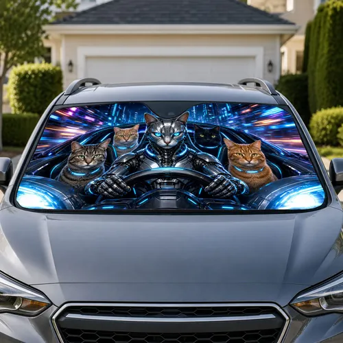 Cyberpunk Robot Cat And Feline Crew For Night Drive Commuters And Sci-Fi Cat Fans Car Sunshade