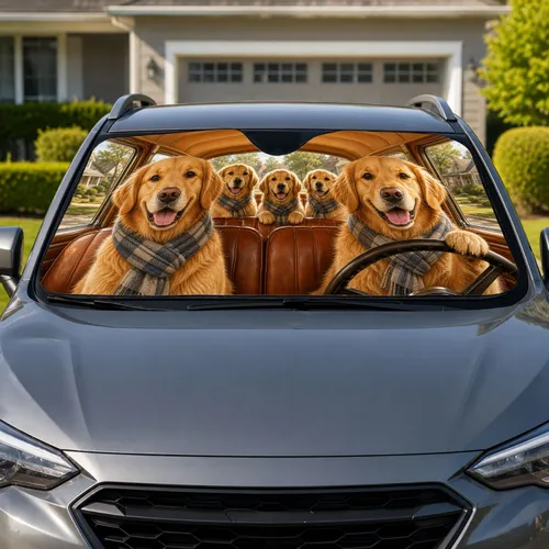 Five Golden Retrievers In A Vintage Cabin For Dog Lovers Road Trip Travel Decor Gift Car Sunshade