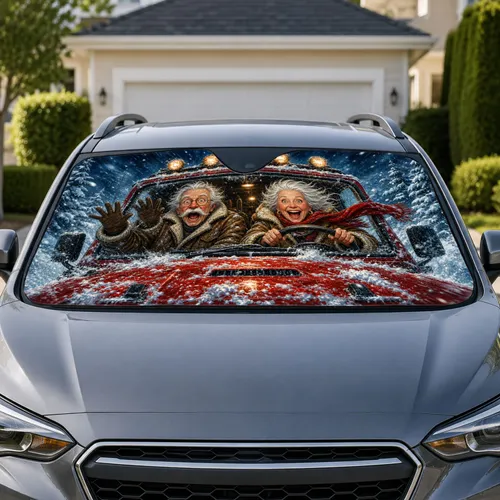 Funny Elderly Couple Winter Storm Off-Road Adventure Gift For Snowy Road Drivers Car Sunshade