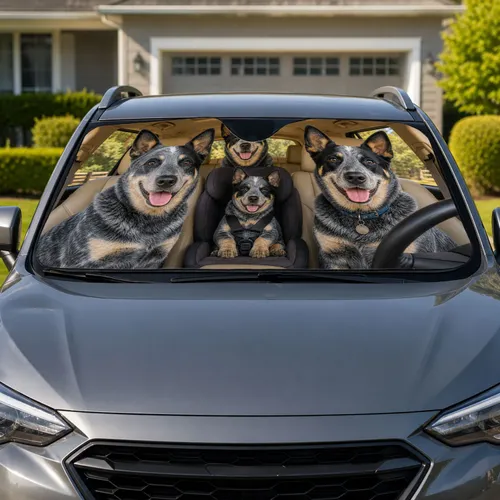 Australian Cattle Dog Family Riding In Cozy Cabin Road Trip Gift For Blue Heeler Lovers Car Sunshade