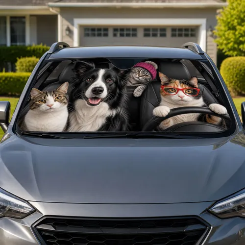 Funny Dog And Cats Road Trip Crew For Pet Lovers On Daily Drives And Travel Adventures Car Sunshade