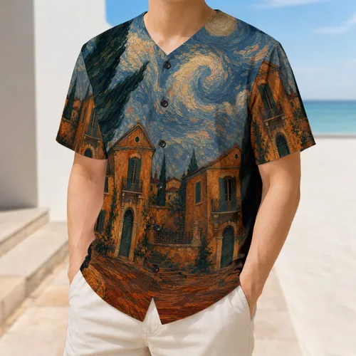 Expressive Starry Night Village Cypress Scene For Game Day Travel And Everyday Wear Baseball Jersey