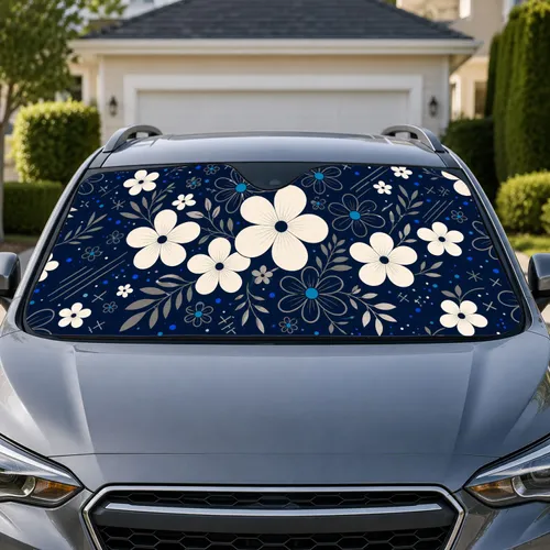 Navy Ivory Daisy Florals For Elegant Everyday Driving And Botanical Style Lovers Car Sunshade