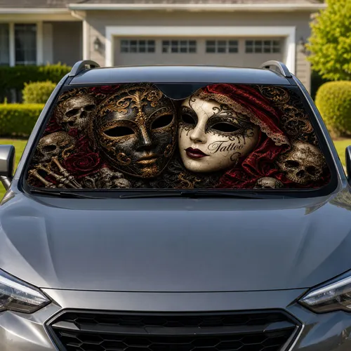 Gothic Venetian Masks, Skulls And Crimson Lace For Dark Fantasy Tattoo Enthusiasts Car Sunshade