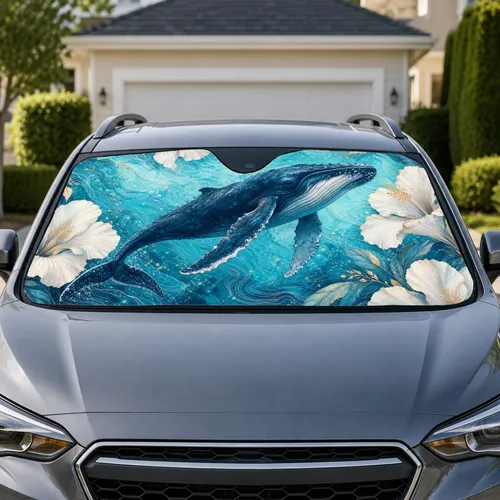 Humpback Whale And Tropical Flowers Aqua Ocean Decor For Coastal Beach Loving Drivers Car Sunshade