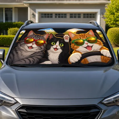Cute Cats Driving Road Trip Scene With Sunglasses For Pet Lovers And Daily Commuters Car Sunshade