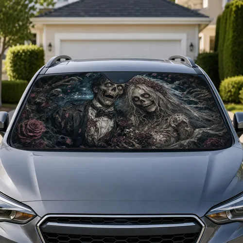 Undead Bride And Groom Gothic Horror Wedding Decor For Halloween Road Trip Lovers Car Sunshade