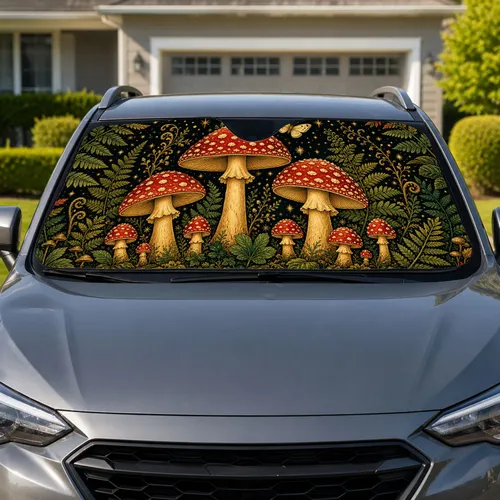 Enchanted Red Mushroom Forest With Gold Stars for Cottagecore Nature Enthusiasts Car Sunshade