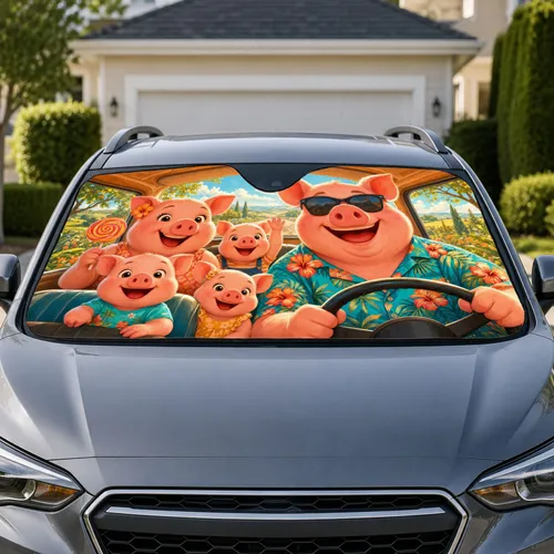 Cheerful Pig Family Road Trip Scene With Tropical Shirt for Summer Vacation Travel and Kids Car Sunshade