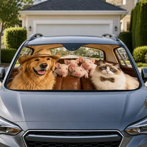 Golden Retriever, Ragdoll Cat And Piglets Road Trip Summer Travel For Animal Lovers Car Sunshade
