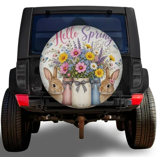 Hello Spring Bunny Floral Bouquet Watercolor for Easter RV Camping Garden Lovers Spare Tire Cover