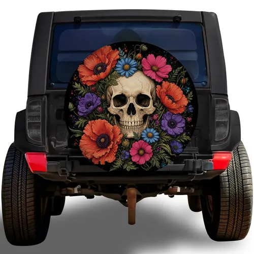 Floral Skull With Poppies And Wildflowers For Gothic Road Trips And Outdoor Adventure Spare Tire Cover