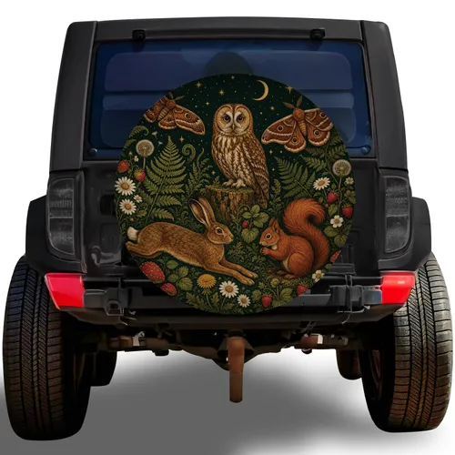 Woodland Owl Hare Squirrel Moths Night Garden For RV Camping Travel Nature Lovers Spare Tire Cover