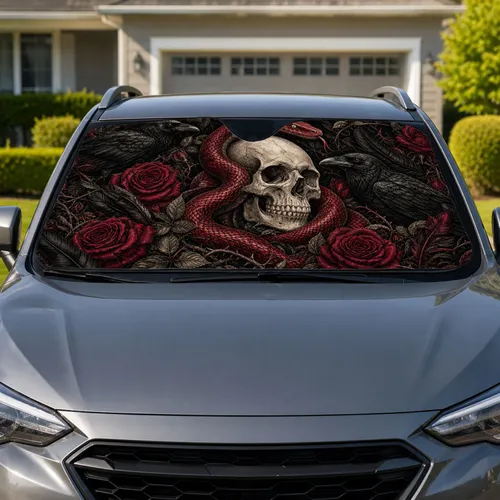 Gothic Skull Snake Ravens And Red Roses For Dark Alternative Vehicle Decor Lovers Car Sunshade