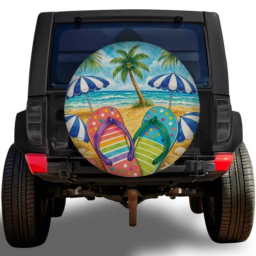 Tropical Beach Flip Flops And Palm Trees For Summer RV Camping And Coastal Travel Spare Tire Cover