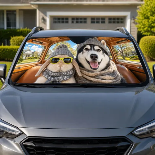 Rabbit And Husky Road Trip Companions For Pet Lovers Summer Travel Adventures Car Sunshade