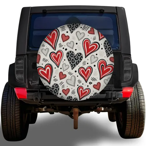 Hand Drawn Red Heart Leopard Motifs for Romantic Road Trips and Valentine Travel Spare Tire Cover