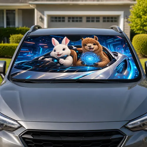Rabbit And Alpaca Futuristic Roadster Scene For Summer Road Trips For Sci-Fi Lovers Car Sunshade