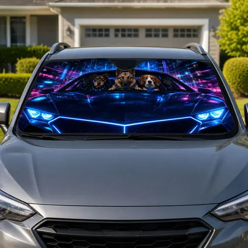 Neon Dog Pack Riding A Sports Coupe For Night Driving Enthusiasts And Road Trips Car Sunshade