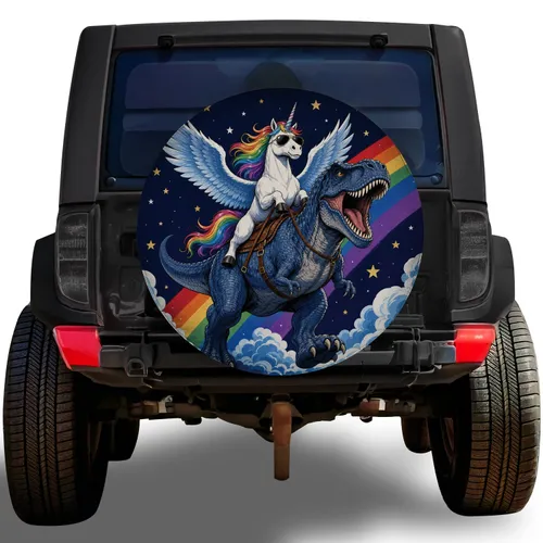 Winged Unicorn Riding T Rex Under Rainbow Sky Adventure For RV Campers And Dino Fans Spare Tire Cover