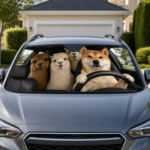 Shiba Inu And Alpaca Road Trip Scene For Summer Drives, Dog Lovers And Gift Giving Car Sunshade